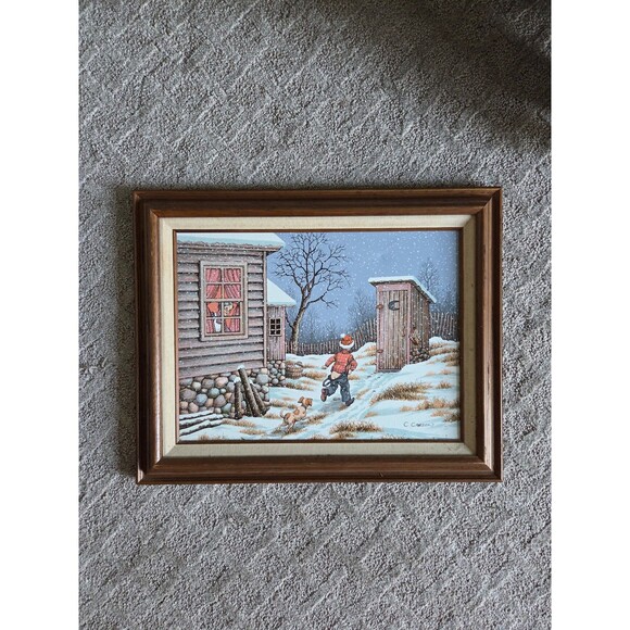 Framed C. Carson “Outhouse Bound” Oil Painting with Certificate of Authenticity